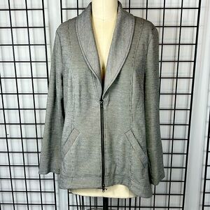 Cabi Drop Off blazer, grey/white pinstripe cotton knit, Size XL, hi-low hem.